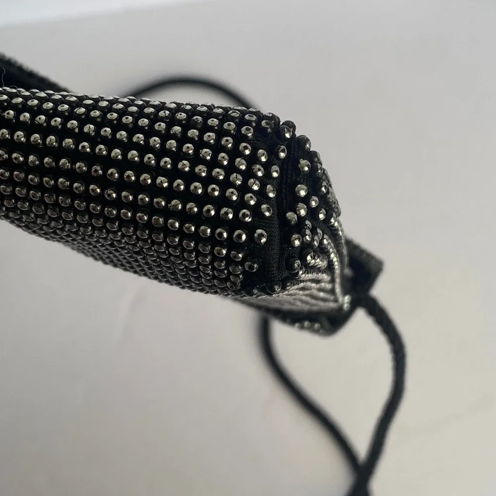 Beaded Evening Clutch Bag Womens Black Silver Scalloped Shell